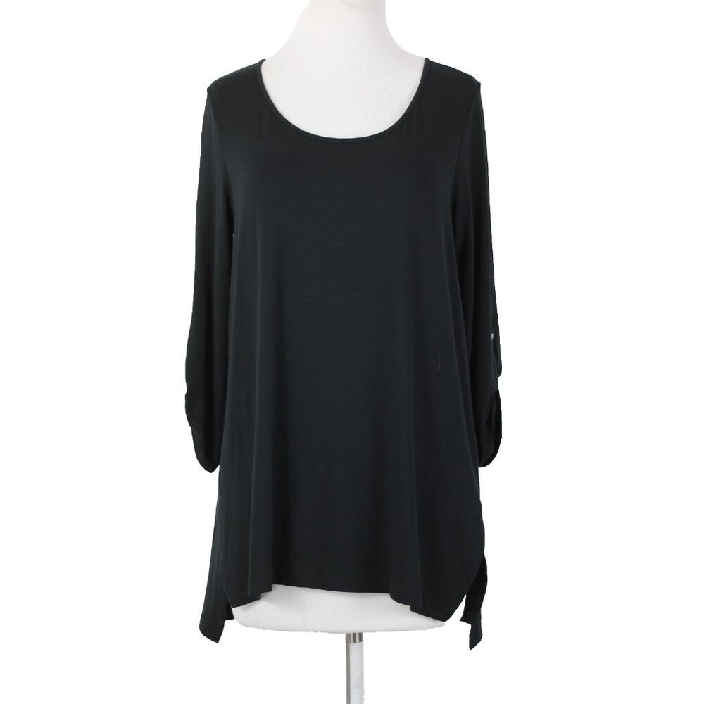 J Jill $69 Sz S Black Roll Tab Sleeve Round Neck Hi Low Rayon Spandex Top